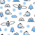 Seamless pattern with cute doodle arctic fox and snowy owl Royalty Free Stock Photo
