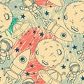Seamless pattern with cute doodle astronauts, planets, rockets and stars Royalty Free Stock Photo