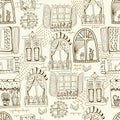 Seamless pattern with cute doodle cartoon windows