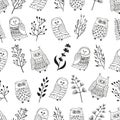 Seamless pattern with cute doodle owls and branches.