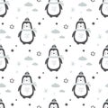 Seamless pattern with cute doodle penguins. Texture background in scandinavian style Royalty Free Stock Photo