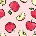 Seamless pattern with cute doodle red and pink apples sketch. Hand drawn trendy background. design background greeting cards, Royalty Free Stock Photo