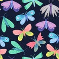 Seamless pattern with cute doodle simple butterflies and moths. Hand-drawn illustration Royalty Free Stock Photo