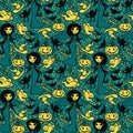 Seamless pattern with cute doodle witches and traditional halloween things