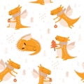 Seamless pattern with cute dragon. Christmas pattern. Vector illustrations