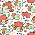 Seamless pattern of cute dragon with kiwi and flower on white background.Fruit.Chinese animal