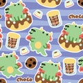 Seamless pattern of cute dragon with various dessert.Jurassic animal