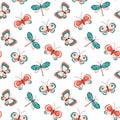 Seamless pattern, cute dragonflies and butterflies in pastel colors doodle style on a white background. Print, textile, background