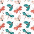 Seamless pattern, cute dragonflies and moths in pastel colors doodle style on a white background. Print, textile, background
