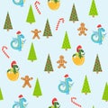 Seamless pattern with cute dragons Christmas design. Chinese New Year background with dragons for 2024