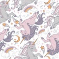 Vector seamless pattern with dreaming pink unicorns