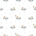 Seamless pattern with cute ducks on a pond. Cartoon style birds on a lake.