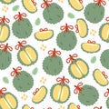 Seamless pattern of cute durian with bow on white background.Summer fruit