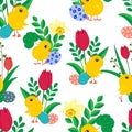 Seamless pattern with cute Easter Chicks, bright colored eggs, daffodils and tulips on white background