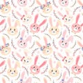 Seamless pattern cute Easter pink and yellow bunnies with flowers. Festive spring background in Scandinavian hand drawn style. Royalty Free Stock Photo