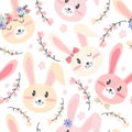 Seamless pattern cute Easter pink and yellow bunnies with flowers. Festive spring background in Scandinavian hand drawn style.