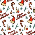 Seamless pattern with cute elements for Merry Christmas or Happy New Year in doodle style. Editable vector illustration Royalty Free Stock Photo