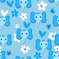 Seamless pattern with cute elephant face on color floral background. Vector flat animals colorful illustration for kids Royalty Free Stock Photo