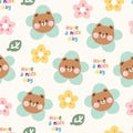 Seamless pattern of cute face bear flower head with leaf background.Wild