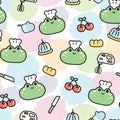 Seamless pattern of cute face frog wear chef hat with kitchenware on pastel color circle background