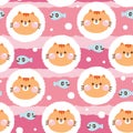 Seamless pattern of cute face orange cat in circle with fish on pink background.Pet Royalty Free Stock Photo