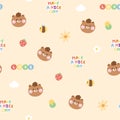 Seamless pattern of cute face teddy bear have acorn on head with tiny icon background