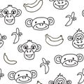 Seamless pattern with cute faces of monkeys and bananas. Kids background.