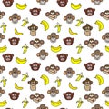 Seamless pattern with cute faces of monkeys and bananas. Kids background.