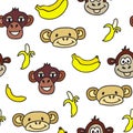 Seamless pattern with cute faces of monkeys and bananas. Kids background.