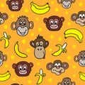 Seamless pattern with cute faces of monkeys and bananas.