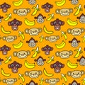 Seamless pattern with cute faces of monkeys and bananas.