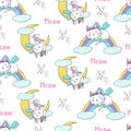 Seamless pattern with cute fairy cats sleeping on the rainbow and moon decoration for baby products Royalty Free Stock Photo