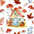 seamless pattern with cute fairy-tale mushroom houses. watercolor drawing cartoon Royalty Free Stock Photo