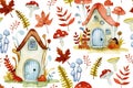 seamless pattern with cute fairy-tale mushroom houses. watercolor drawing cartoon Royalty Free Stock Photo