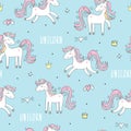 Seamless pattern with cute fairy unicorns. Perfect for kids apparel,fabric, textile, nursery decoration,wrapping paper.Vector Royalty Free Stock Photo