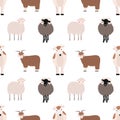 Seamless pattern with cute farm animals on white background. Backdrop with domestic livestock - cow, goat, sheep, ram