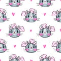 Seamless pattern with cute fase of cats and bows. Fashion kawaii kitty. Vector illustration