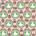 Seamless pattern of cute fat frog with bakery icon background.Chubby