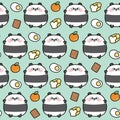 Seamless pattern of cute fat panda bear with food icon on pastel background.Chubby pet animal funny