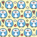 Seamless pattern of cute fat penguin with icon on pastel background.Chubby