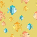 Seamless pattern with cute fish on color background. Vector cartoon animals colorful illustration. Adorable character Royalty Free Stock Photo