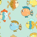 Seamless pattern with cute fish on color background. Vector cartoon animals colorful illustration. Adorable character Royalty Free Stock Photo