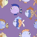 Seamless pattern with cute fish on color background. Vector cartoon animals colorful illustration. Adorable character Royalty Free Stock Photo