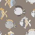 Seamless pattern with cute fish on color background. Vector cartoon animals colorful illustration. Adorable character Royalty Free Stock Photo