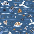 Seamless pattern with cute fish, octopus, ramp fish,turtle lobster. Creative childish navy vector undersea background. Perfect for