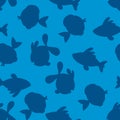 Seamless pattern with cute fish silhouette on blue background. Vector cartoon animals illustration. Adorable character for cards, Royalty Free Stock Photo