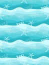 Seamless pattern with cute fish and wavy sea background. Fish, starfish swimming in the turquoise color sea