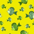 Seamless pattern with cute fish on yellow background. Vector cartoon animals colorful illustration. Adorable character Royalty Free Stock Photo