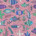 Seamless pattern with cute fishes and seaweeds