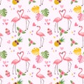 Seamless pattern with cute flamingo, heart shape and tropical element. Royalty Free Stock Photo